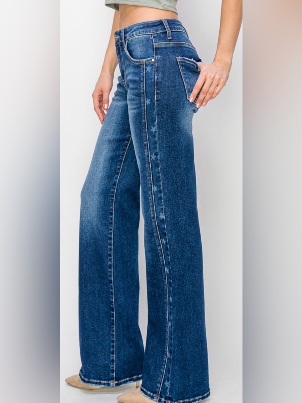 Risen Mid Rise Straight Side Star Detail Jeans - Picture 3 of 4